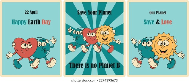 A collection of bright groovy posters from the 80s. Retro poster with earth, heart and sun characters. Planet Day 22 April. Save your planet, you don't have Planet B, Protect and love our planet