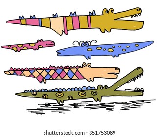 Collection of bright hand drawn cute doodle crocodiles