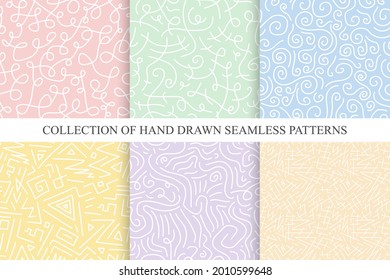 Colección de patrones de rizos brillantes dibujados a mano sin fisuras - diseño delicado. Vectores coloridos fondos de moda