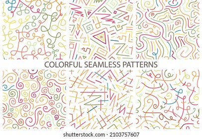 Collection of bright hand drawn seamless curly patterns - delicate design. Vector colorful trendy backgrounds