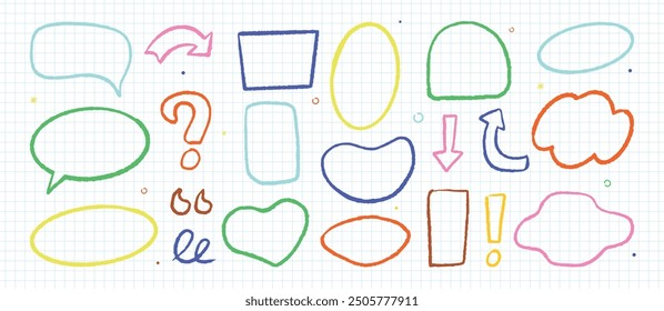 A collection of bright hand-drawn frames and doodle elements. Elements of children's vector design.