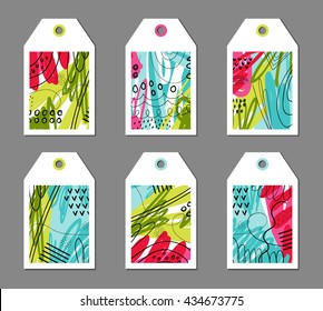 Collection of bright Hang Tags with trendy textures. Wedding, marriage, bridal, birthday, Valentine's day. Bright colors. Vector illustration.