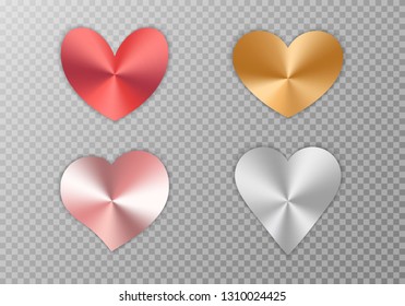 A collection of bright hearts with a metallic texture for the romantic design of congratulations for Valentine's Day, the design of cards for Mother's Day, March 8 and birthday. Vector illustration 