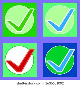 Collection of bright icons with multicolored tick. Vector symbol of correct choice. Icon check box. The design graphic is insulated on a purple background.
