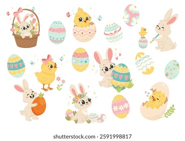 A collection of bright illustrations featuring bunnies, chicks, decorative eggs, and spring motifs. Great for creative projects and seasonal decor.