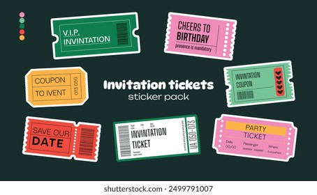 Collection of bright invitation event tickets. Stickers stickers old style 90's. Tickets, coupons, labels in cartoon style for design, printing, branding