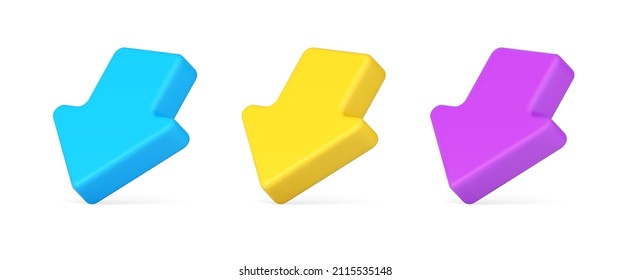 Collection bright isometric arrows pointing down 3d icon vector illustration. Set of multicolored directional pointers navigation interface isolated on white. Blue, yellow, purple direction cursor