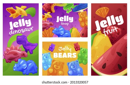 Collection of bright jelly shop vertical poster and horizontal banner vector flat illustration. Set of multicolored gummy sweets promo advertising. Childish candy fruits vitamin different shapes