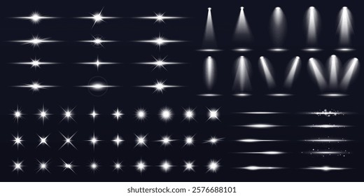 Collection of bright light effects. Light effects include stars, beams, and sparkles. Perfect for design projects needing light effects and sparkles. Overlay effect vector element set.