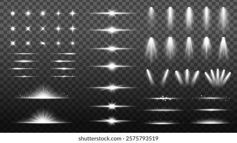 Collection of bright light effects, including stars, beams, and spotlights. Light effects on transparent background. Ideal for design projects needing light effects. Overlay effect vector element set.