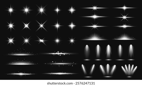 Collection of bright light effects, including stars, spotlights, and sparkles. Light effects for design, with glowing stars and radiant spotlights. Overlay effect vector element set.