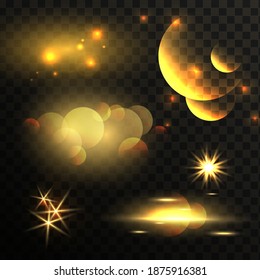 Collection bright lighting effects. Yellow glowing light explodes on a transparent background. Set of lens flare and lighting effects. Glittering particles of fairy dust. Vector illustration