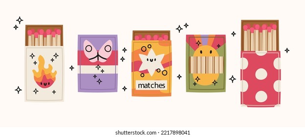 Collection of bright matchboxes. Hand draw design style. Vector illustration isolated on white background.