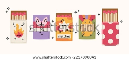 Collection of bright matchboxes. Hand draw design style. Vector illustration isolated on white background.