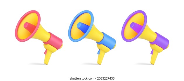 Collection bright megaphones for loud speaking attention announce isometric 3d icon vector illustration. Set multicolored loudspeakers for voice speech performance audio message isolated on white svg