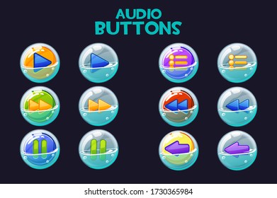 A collection of bright multi-colored audio buttons in soap bubbles. Set of icons for music playback interface.