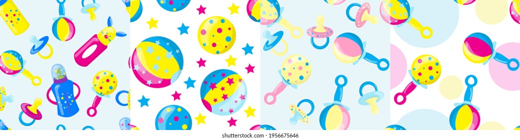 Collection of bright multicolored baby seamless patterns. Toys, balls, rattles, lollipops. Vector illustration