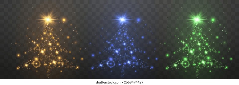 Colección de brillantes árboles de Navidad multicolores sobre un fondo transparente. Ilustración vectorial. Decoración de Festiva.