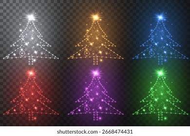 Collection of bright multi-colored Christmas trees on a transparent background. Vector illustration. Holiday decor.