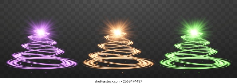 Sammlung von hellen mehrfarbigen Weihnachtsbäumen auf transparentem Hintergrund. Vektorgrafik. Ferieneinrichtung.