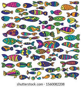 Collection of bright multi-colored flat vector fish. Elements for design.