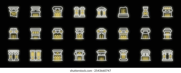 Collection of bright neon architectural column icons illuminating black background, representing diverse classical and modern styles