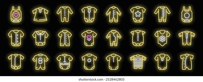 Collection of bright neon icons of various baby clothes with different fasteners, sleeves and prints