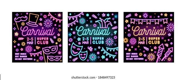 Collection of bright neon square advertising cards for carnival party with glowing text. Set of promotion templates for carnaval, masquerade or festival. Vector illustration