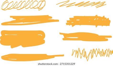 Colección de trazos de marcador dibujados a mano de color naranja brillante y garabatos aislados sobre un fondo blanco.