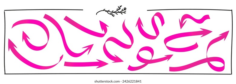 Collection of bright pink arrows from a text separator for the design of notes, notebooks, collages, websites, social networks. Vector