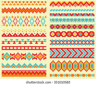 Collection of bright pixel brushes in tribal style. Aztec geometric triangle and chevron patterns
