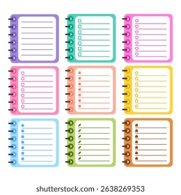 A collection of bright planner pages including checklists, bullet points, and lined templates in colorful notebook designs.