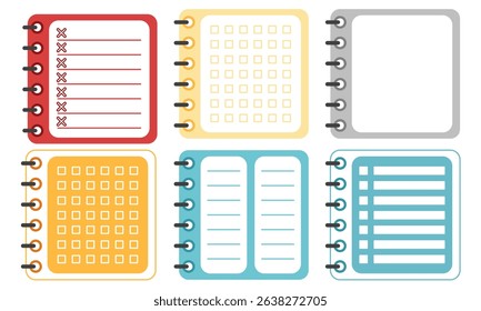 A collection of bright planner pages including checklists, bullet points, and lined templates in colorful notebook designs.