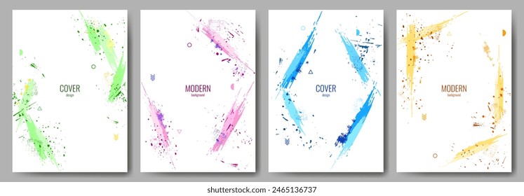 A collection of bright posters. Brush strokes in the form of a frame for a photo or text. Ink splashes, splash of paint. Grunge vector overlay. Design for cover, flyer, postcard.