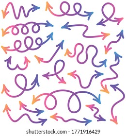 Collection of bright purple bidirectional arrows. Gradient blue, purple and orange arrows on white background. Vector cartoon illustration.