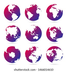 Collection of bright purple icons globes. Set maps of the world. Planet with continents Africa, Asia, Australia, Europe, North America and South America, Antarctica