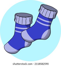 A collection of bright purple warm soft socks for winter with a striped pattern. Vector illustration on a round blue background, badge, emblem, card