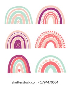Collection of bright rainbows, isolated elements on white background; nursery art design, for printing on baby clothes and textiles, home decor art, vector illustration