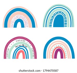 Colección de arcos luminosos, elementos aislados sobre fondo blanco; diseño artístico de vivero, para imprimir en prendas de vestir y textiles para bebés, arte decorativo doméstico, ilustración vectorial