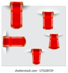 Collection of the bright red bookmarks on the gray paper