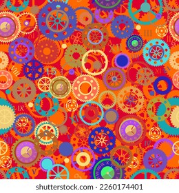 Collection of bright red cogwheels and gears seamless pattern