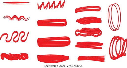 Collection of bright red hand drawn marker strokes underlines and scribbles for graphic design emphasis