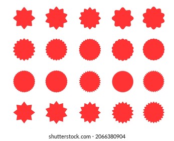 A collection of bright red labels. Sticker with a sale or discount. The price tag of a special offer in retail. Supermarket advertising icon. Vector icon of the sun rays.