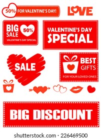Collection of bright red valentines day sale and discount banners with text and related clip art collection isolated on white