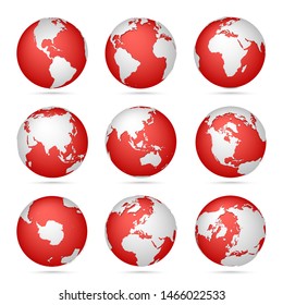 Collection of bright red-white globes icons. Set maps of the world. Planet with continents Africa, Asia, Australia, Europe, North America and South America, Antarctica