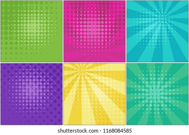 Collection of bright retro comic striped backgrounds for speech bubbles in pop art style. Square places for comics book, advertisement text, web design, badge, banner