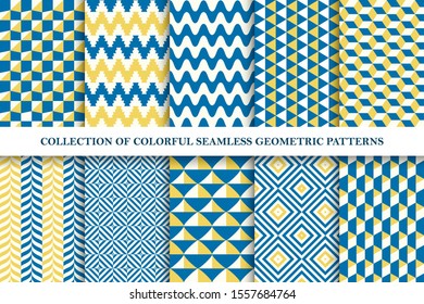 Collection of bright seamless colorful geometric patterns. Endless fanky textures. Vibrant tileable unusual backgrounds for your any design and ideas.