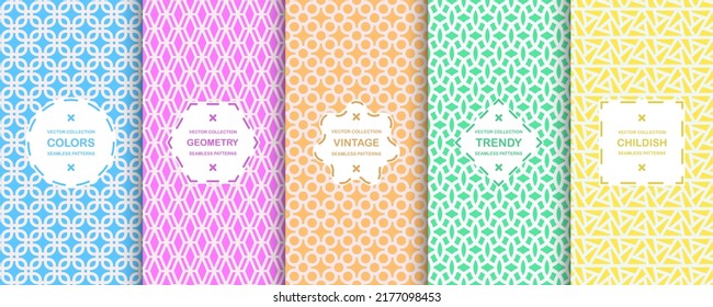 Collection of bright seamless ornamental colorful patterns -  symmetric grid geometric textures. Ornate vibrant backgrounds