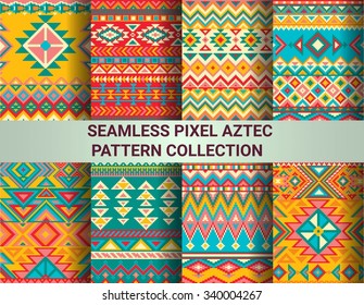 Collection of bright seamless pixel patterns in tribal style. Aztec geometric triangle and chevron patterns