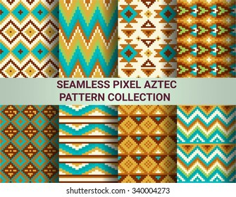 Collection of bright seamless pixel patterns in tribal style. Aztec geometric triangle and chevron patterns